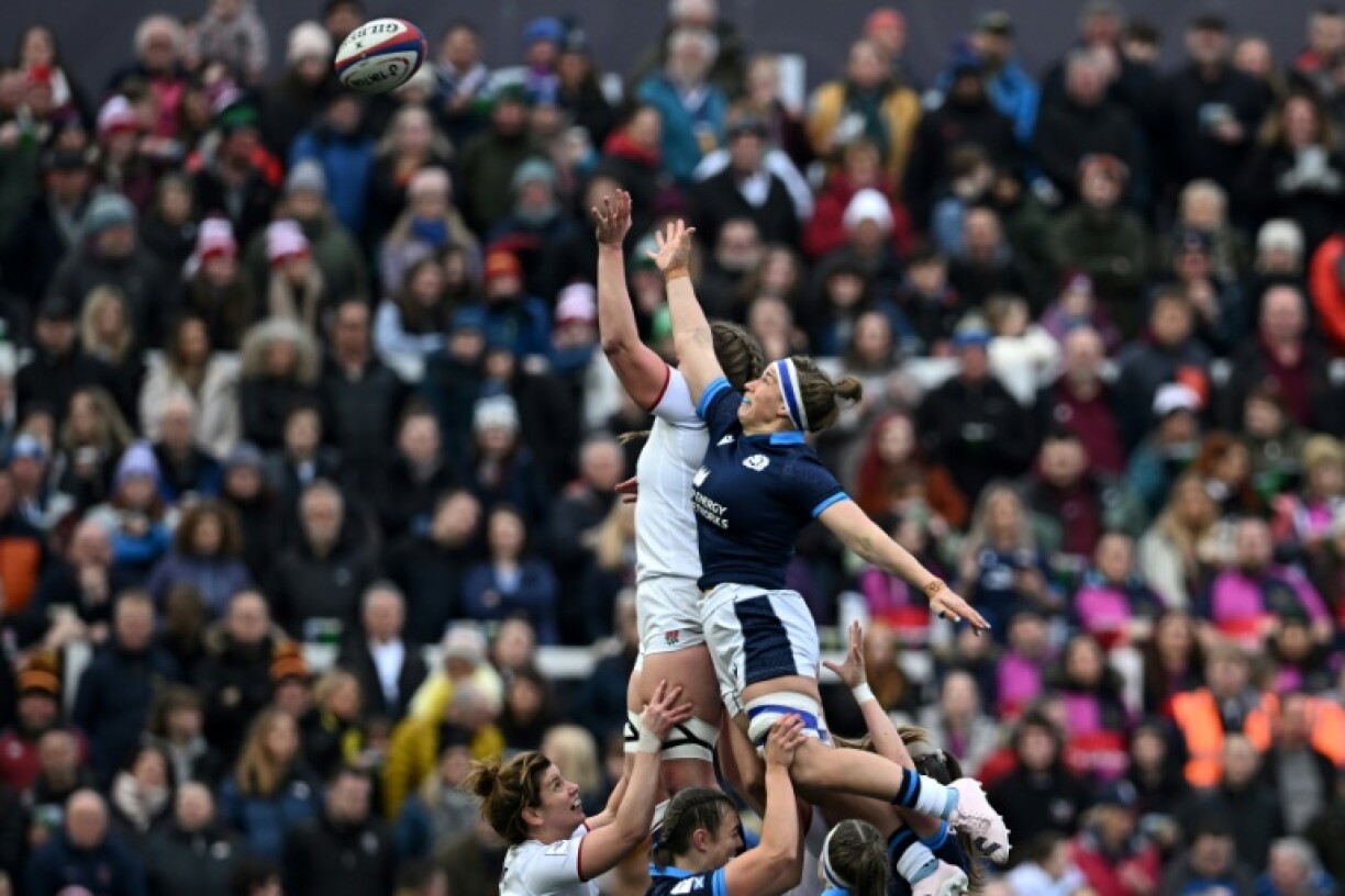 Scotland captain Rachel Malcolm (R) in line-out action during a 2023 Women's Six Nations match against England in Newcastle