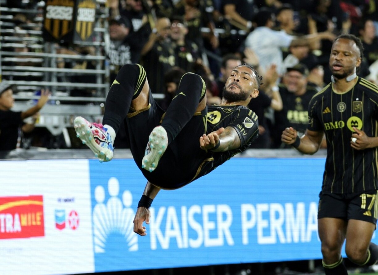 Denis Bouanga of Los Angeles FC celebrates after scoring a hat-trick in a 4-1 Major League Soccer win over Real Salt Lake