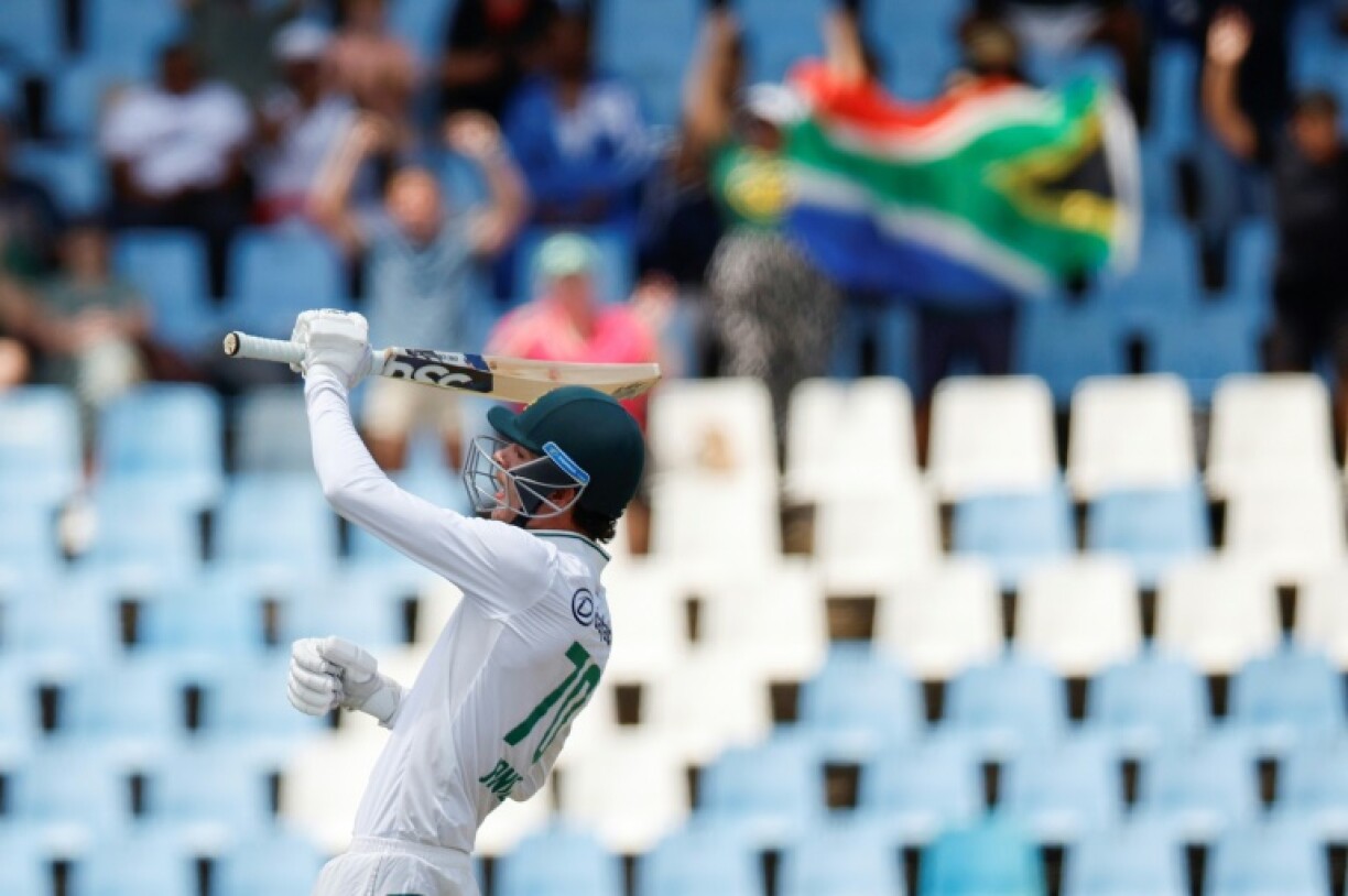 Marco Jansen celebrates hitting the four that gave South Africa victory against Pakistan to book their place in the World Test championship final
