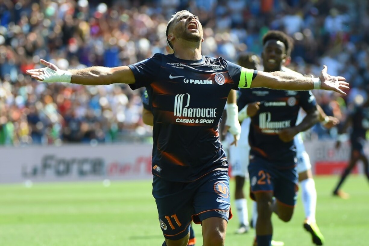 La joie du milieu de terrain de Montpellier Teji Savanier, après avoir marqué le 3e but à domicile contre Troyes, lors de la 1ère journée de Ligue 1, le 7 août 2022 au Stade de La Mosson