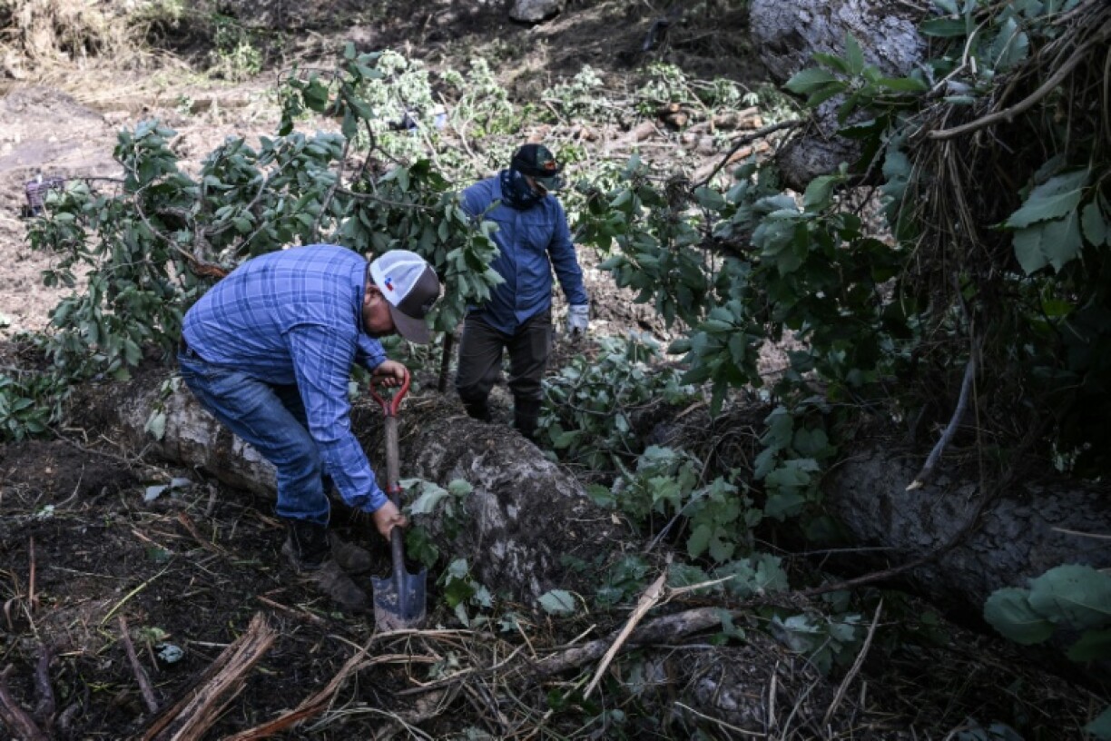 Relatives and friends of Alicia Olvera, a woman still missing after her husband was found dead, conduct a search to locate her near the Guadalupe River in Hunt, Texas