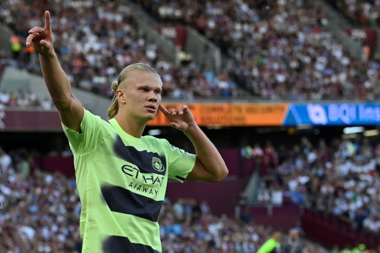 L'attaquant norvégien Erling Haaland, auteur d'un doublé pour ses débuts avec Manchester City, vainqueur 2-0 de West Ham, lors de la 1ère journée de Premier League, le 7 août 2022 au London Stadium