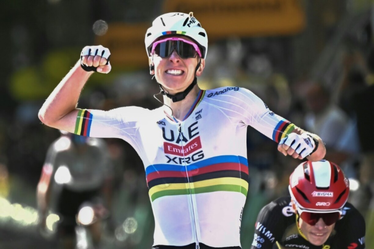 Tadej Pogacar celebrates victory in Rouen, his 18th in the Tour de France and his 100th as a pro