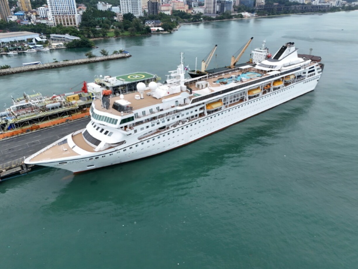 An aerial view shows the Villa Vie Residences' cruise ship Odyssey docked at Sihanoukville port in Preah Sihanouk province