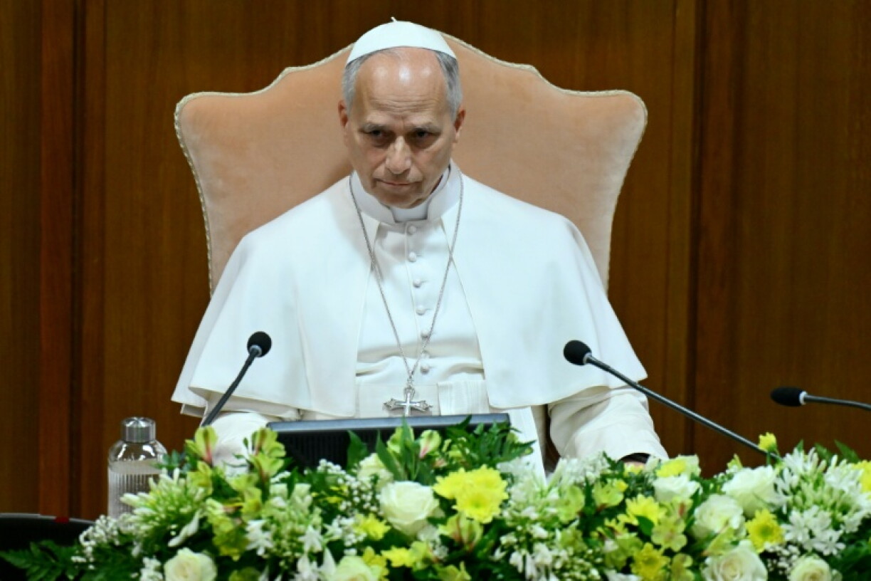 Le pape Léon XIV lors de la présentation de sa première encyclique "Magnifica Humanitas" consacrée à l’essor de l’intelligence artificielle, le 25 mai 2026 au Vatican