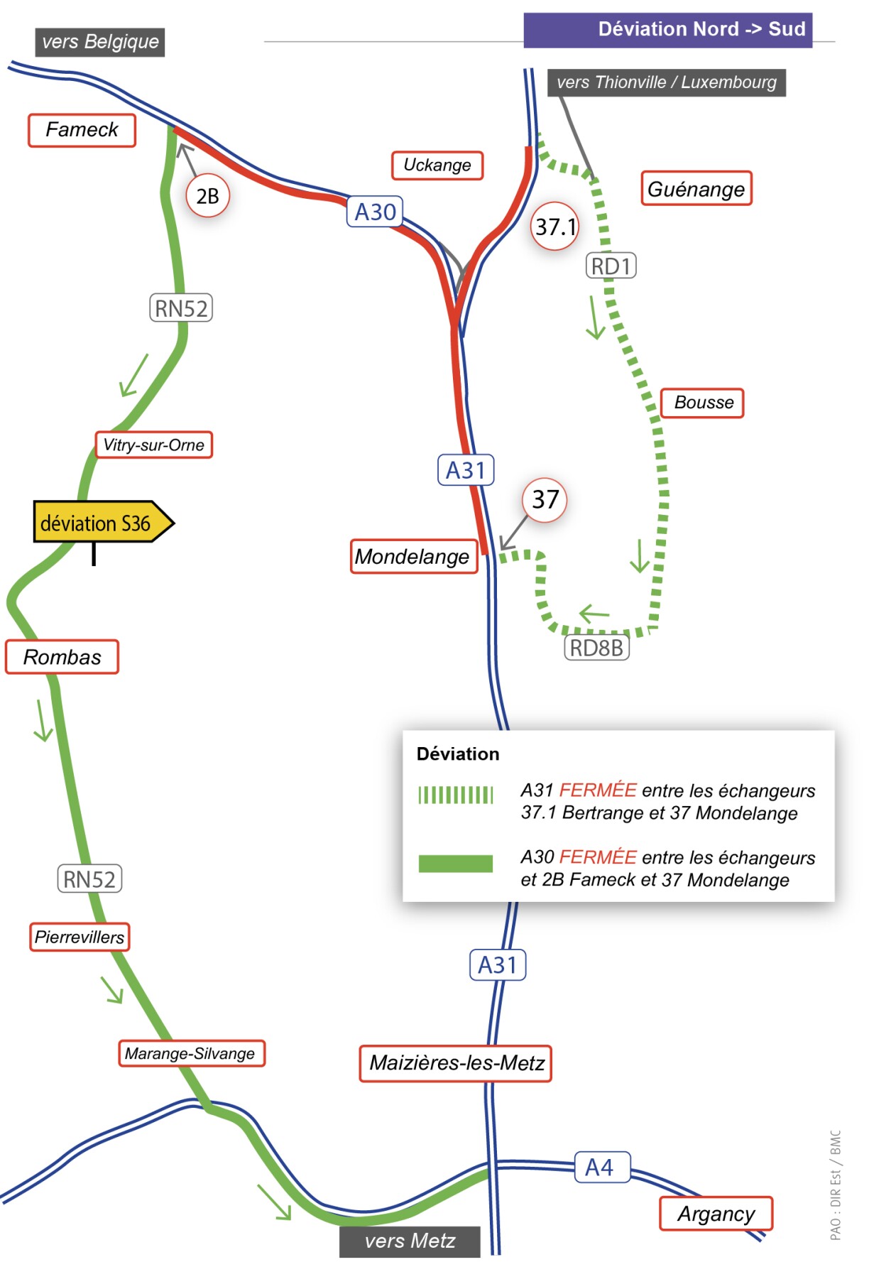 Les déviations obligatoires lors de la coupure de l'autoroute en juillet 2025, lors de la phase 3.