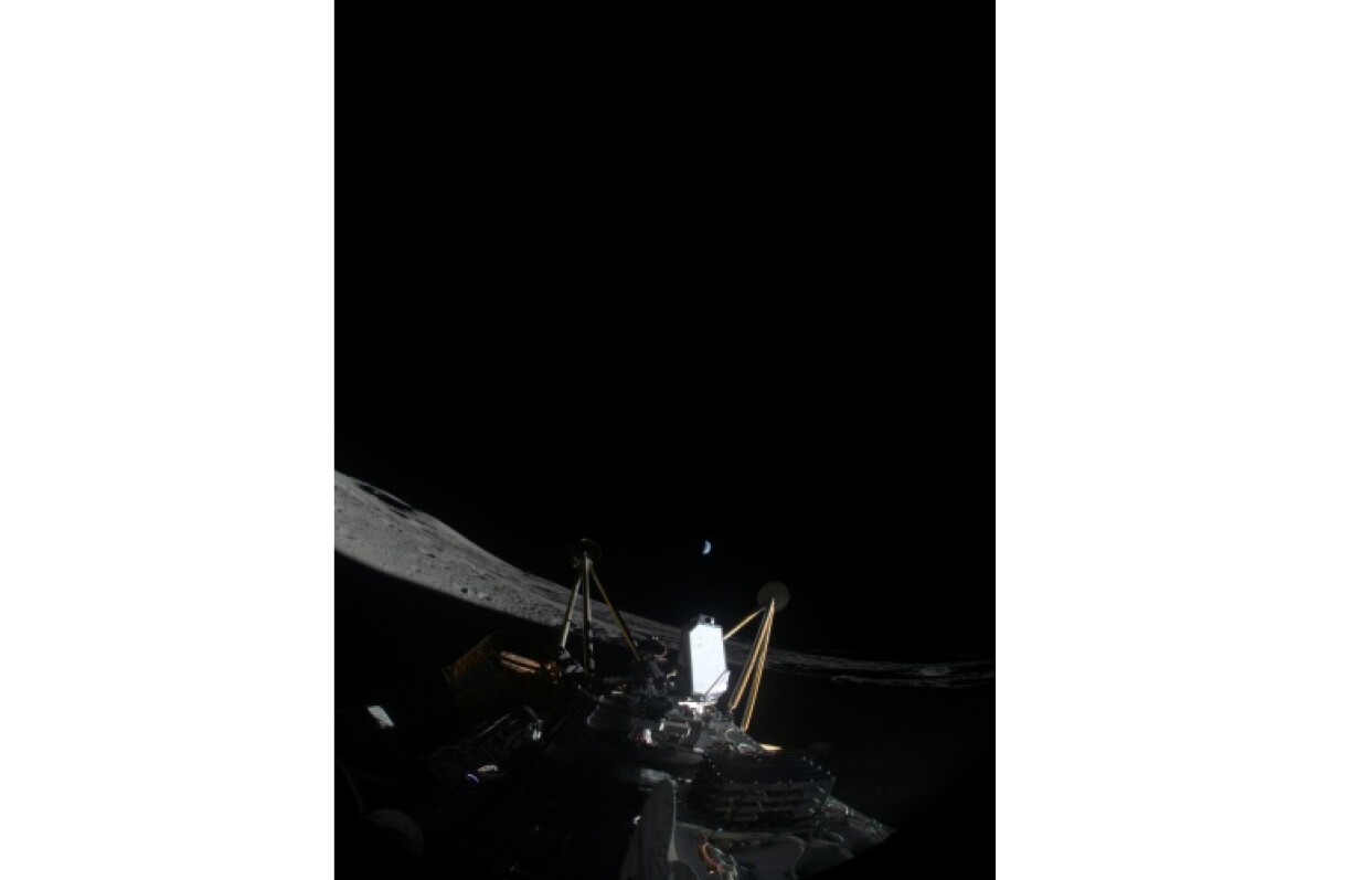 This image courtesy of Intuitive Machines LLC shows the company's Athena spacecraft on its side after landing on the Moon, on March 6, 2025