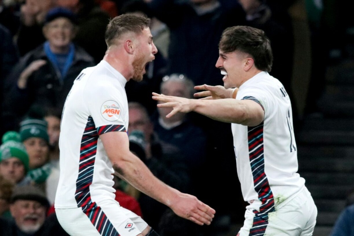 England wing Cadan Murley (right) celebrates after scoring a try during the Six Nations match against Ireland in Dublin