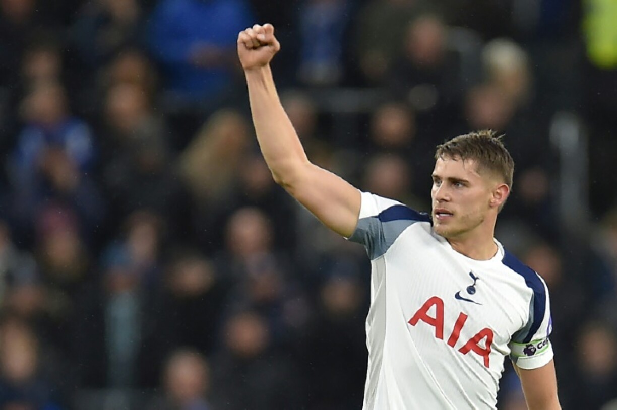 Tottenham Hotspur defender Micky van de Ven celebrates after scoring the opening goal, his first of two, in a 3-0 win away to Everton in the Premier League