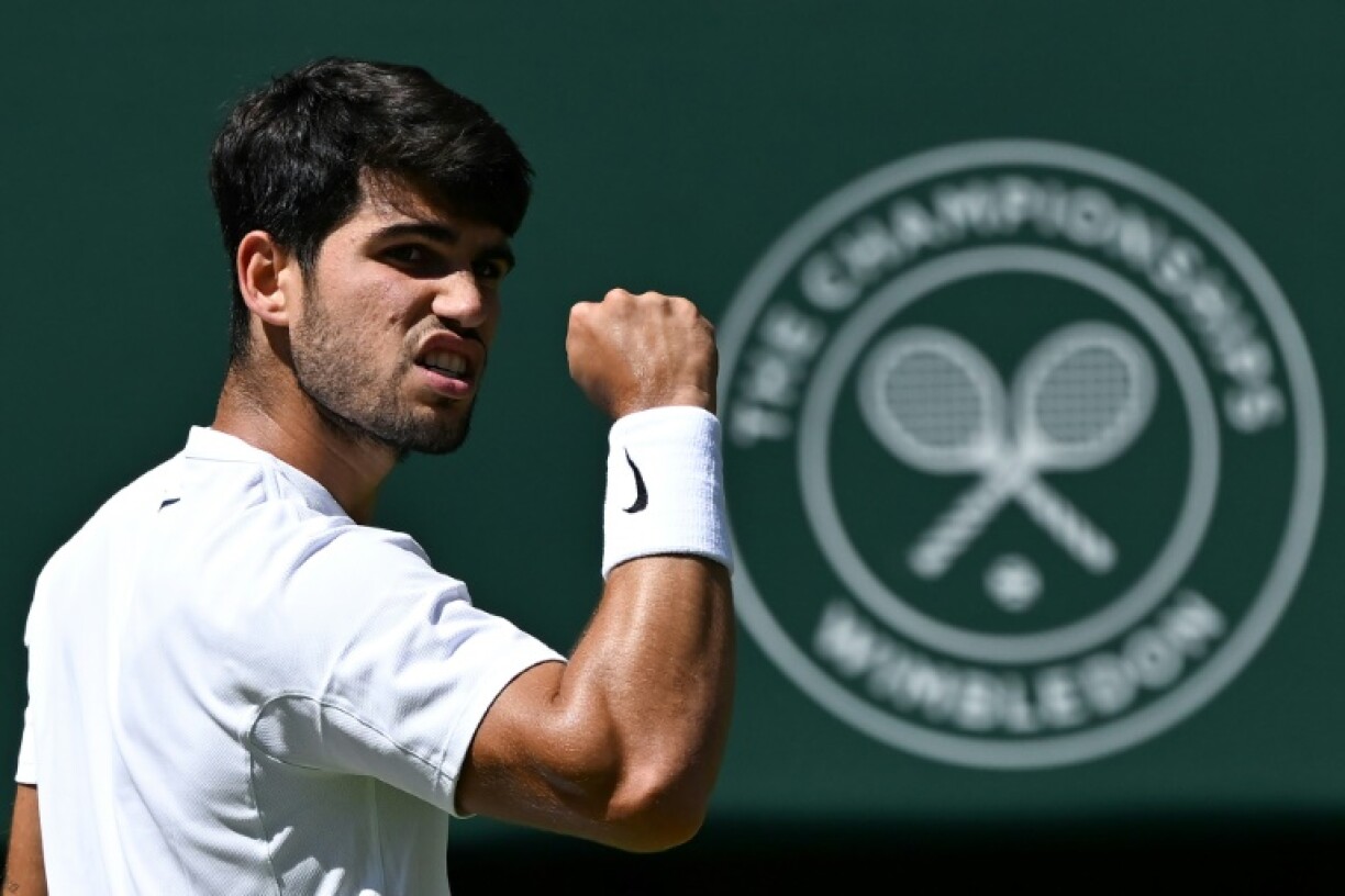 Spain's Carlos Alcaraz celebrates during his Wimbledon semi-final victory