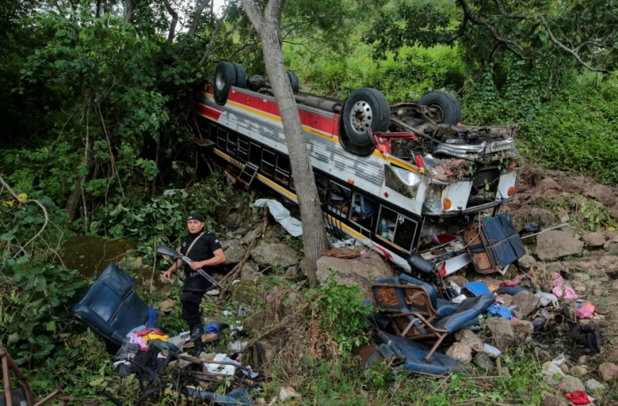 A bus is seen after it crashed along the Pan-American highway in northern Nicaragua -- 16 people were killed at the time.