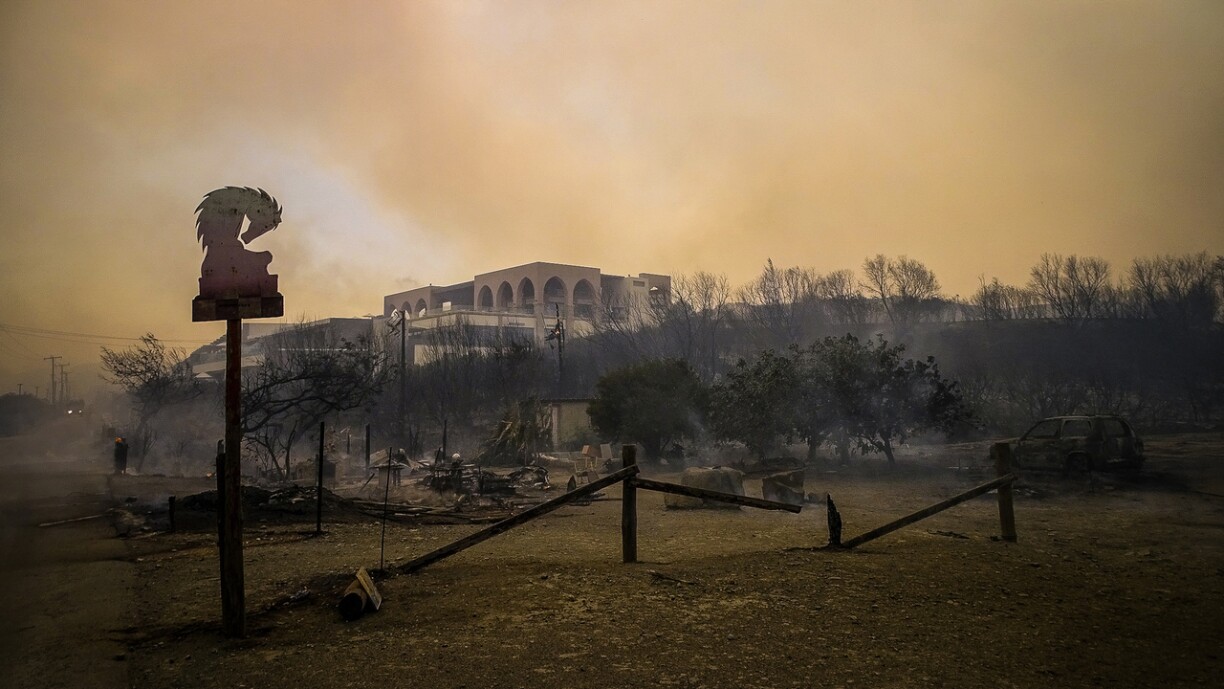 A burned-down hotel in the village of Kiotari.