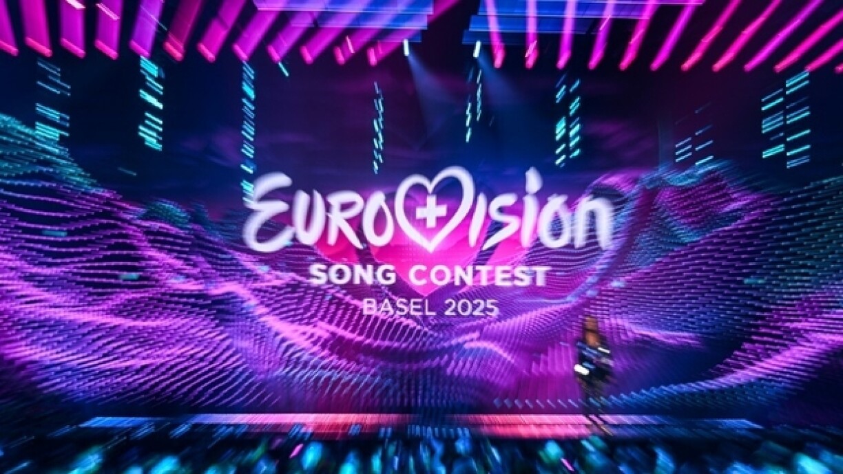 Le logo du Concours Eurovision de la Chanson 2025, le 14 mai 2025 à Bâle, en Suisse