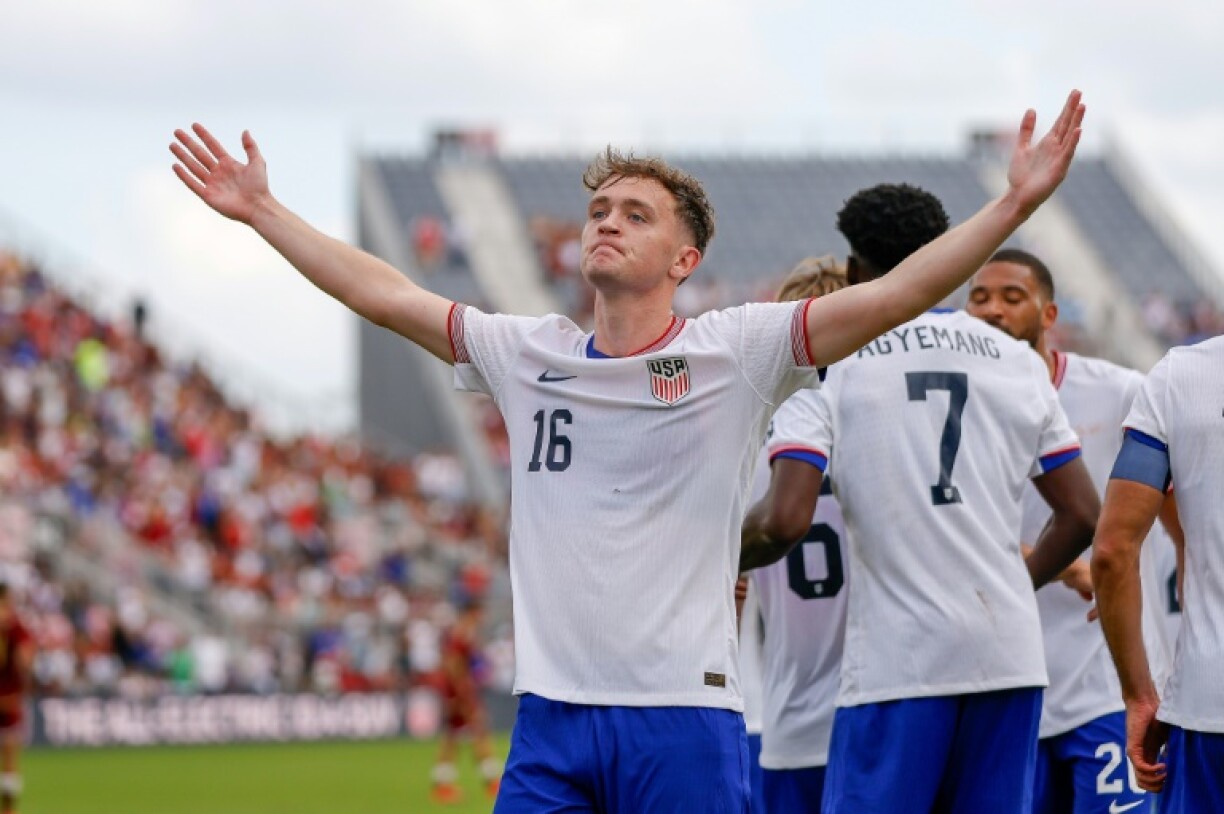 USA midfielder Jack McGlynn celebrates his goal during the USA against Venezuela international friendly at Chase Stadium on Saturday.