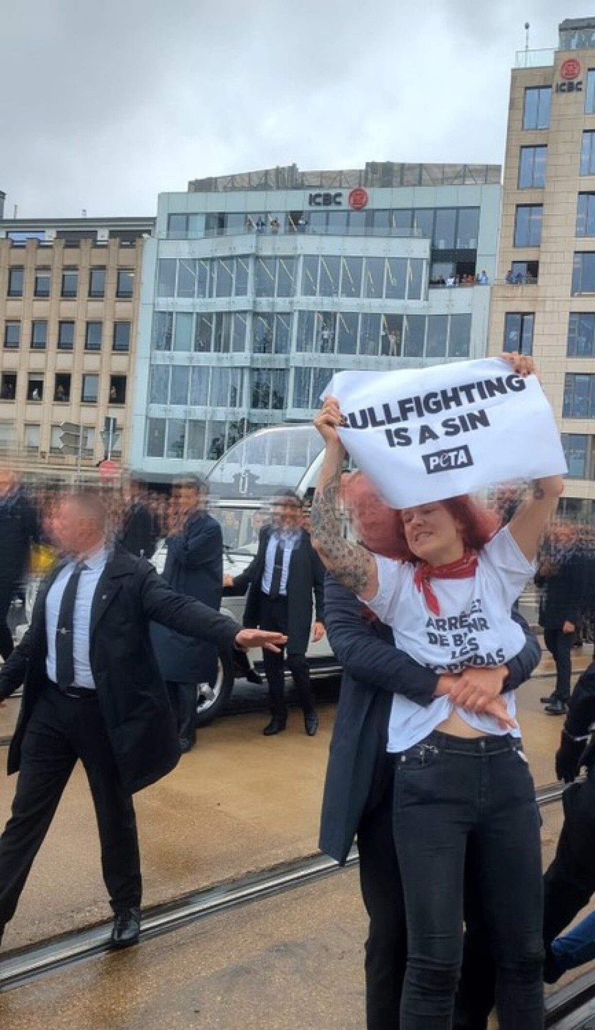 Parce que le pape ne condamne pas la tauromachie, trois activistes de PETA ont voulu stopper la papamobile sur le Pont Adolphe.