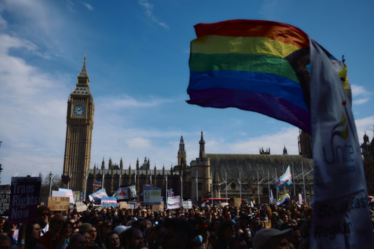 Protesters held up banners with slogans such as 'trans women are women!' and 'trans rights are human rights'