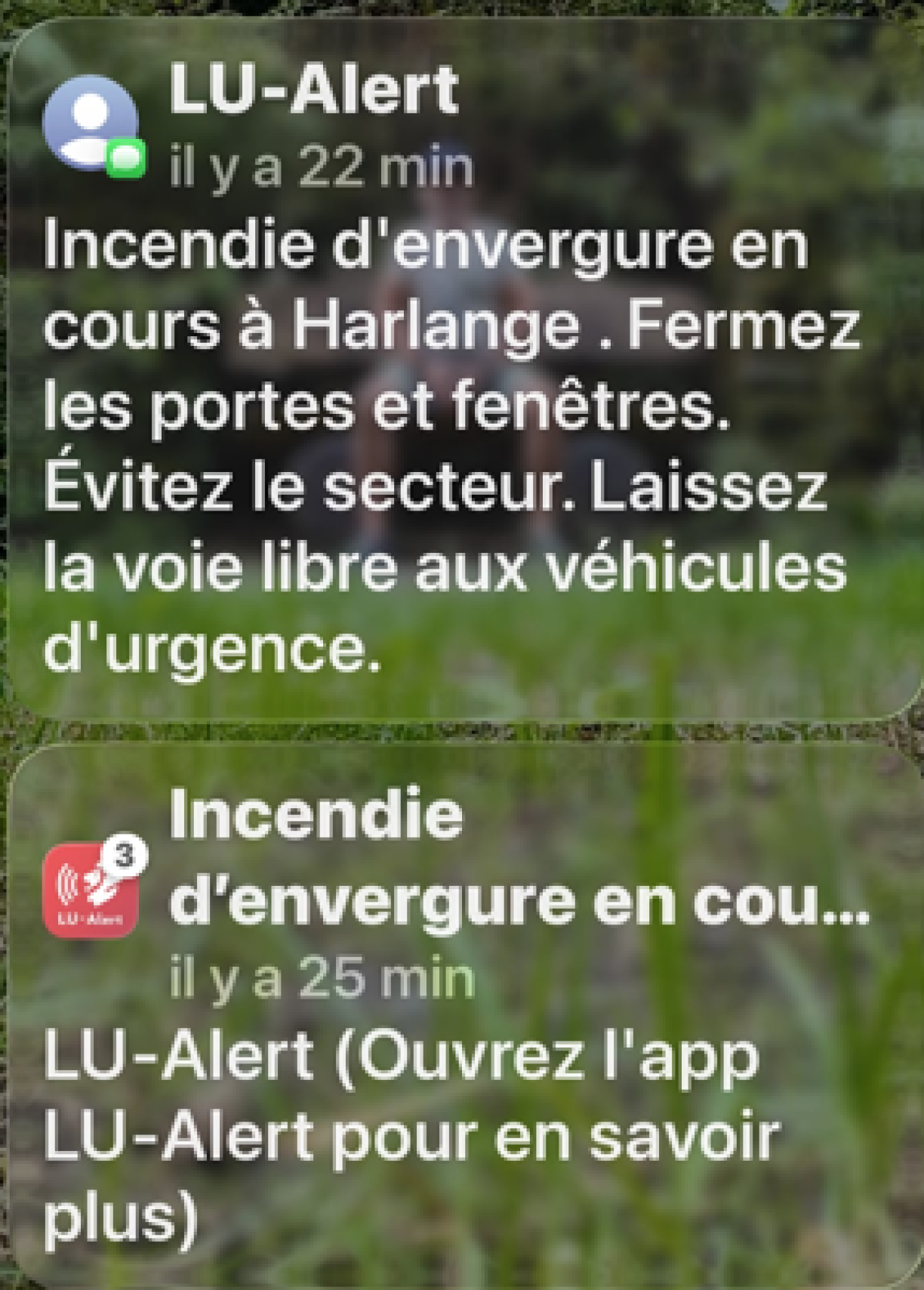 E Screenshot vun der Warn-SMS, déi Persounen am Gebitt Harel kruten.