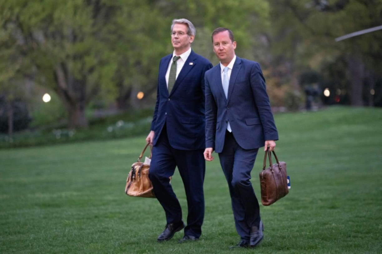 Sergio Gor (right), who has been tapped a the next US ambassador to India, walks with Treasury Secretary Scott Bessent on the White House lawn after a trip with President Donald Trump in April 2025