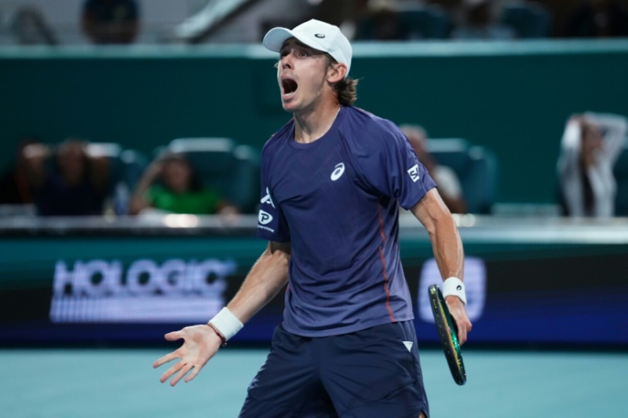 Alex de Minaur of Australia reacts after defeating Joao Fonseca of Brazil at the Miami Open on Monday.