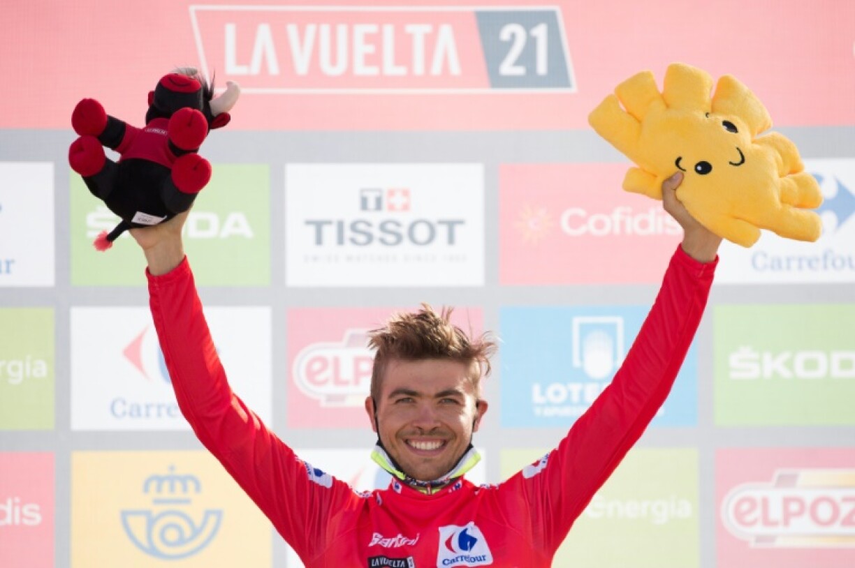 Le Norvégien Odd Christian Eiking (Intermarché) toujours leader du Tour d'Espagne après la 14e étape, le 28 août 2021 au sommet du Pico Villuercas