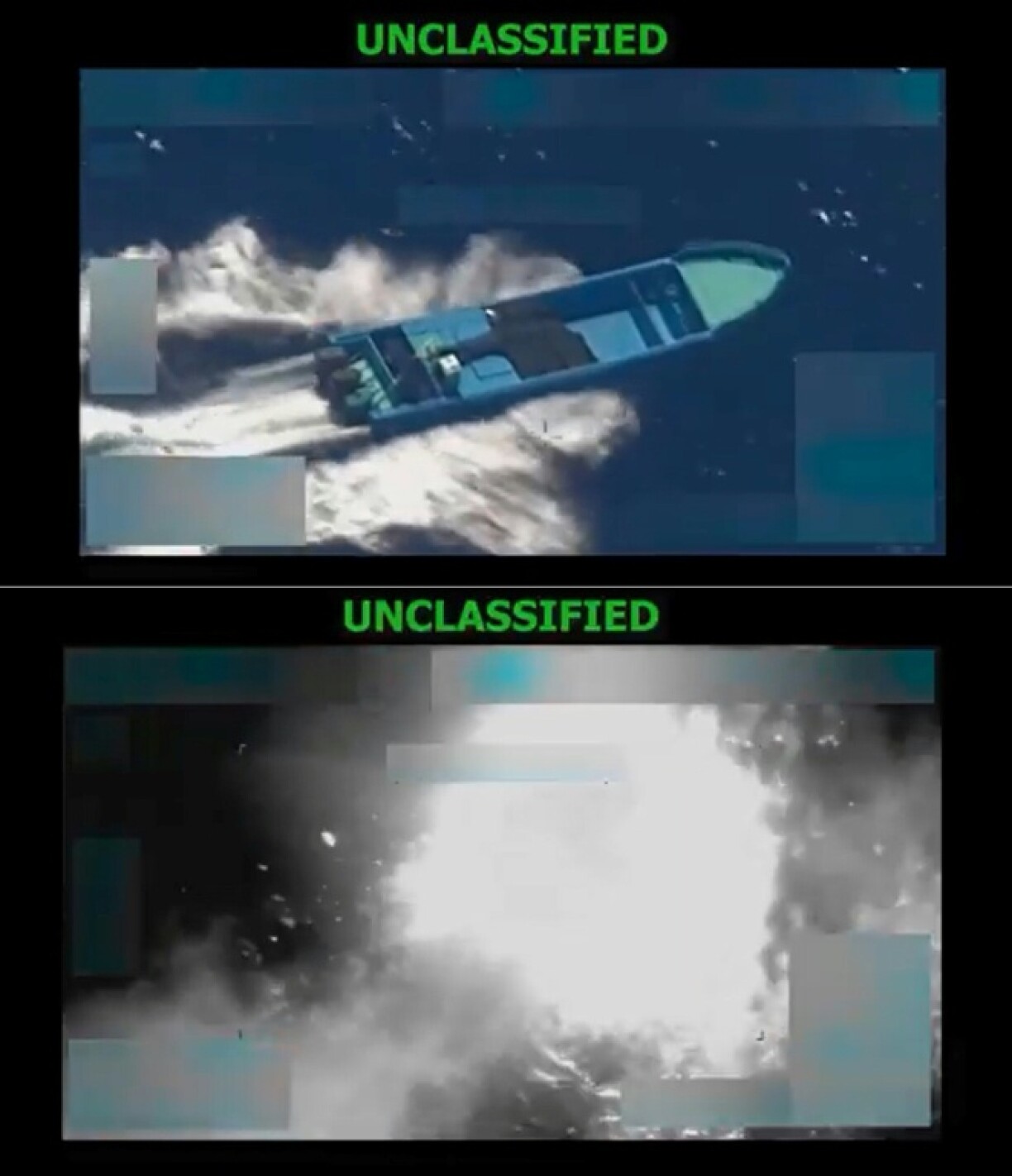 These screen grabs show what US Defense Secretary Pete Hegseth says is a US military strike on a drug-smuggling boat in the Eastern Pacific Ocean