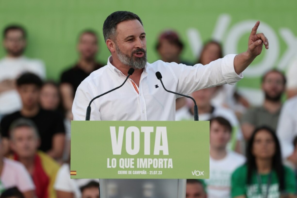 Le leader du parti Vox Santiago Abascal lors d'un meeting à Madrid le 21 juillet 2023