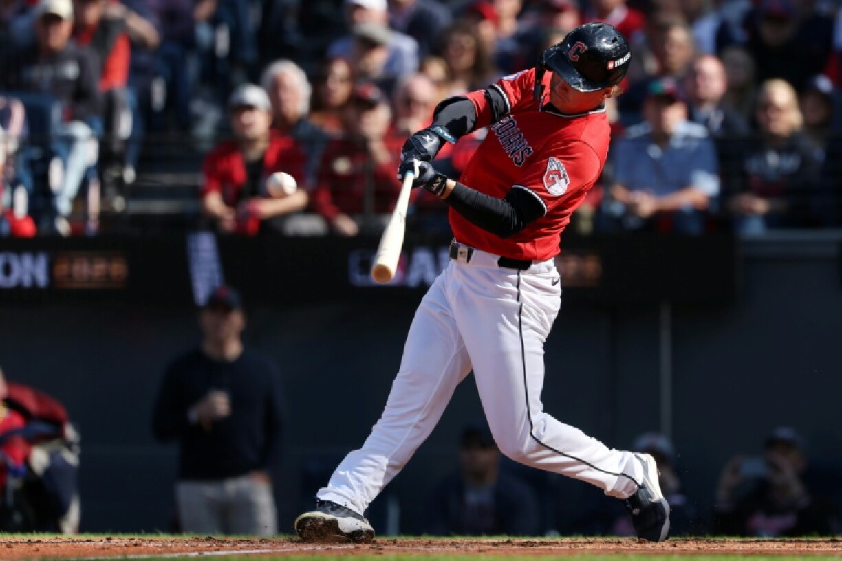 Cleveland's Petey Halpin hits a two-run homer in the fifth inning in the Guardians' 3-2 MLB playoff victory over Tampa Bay
