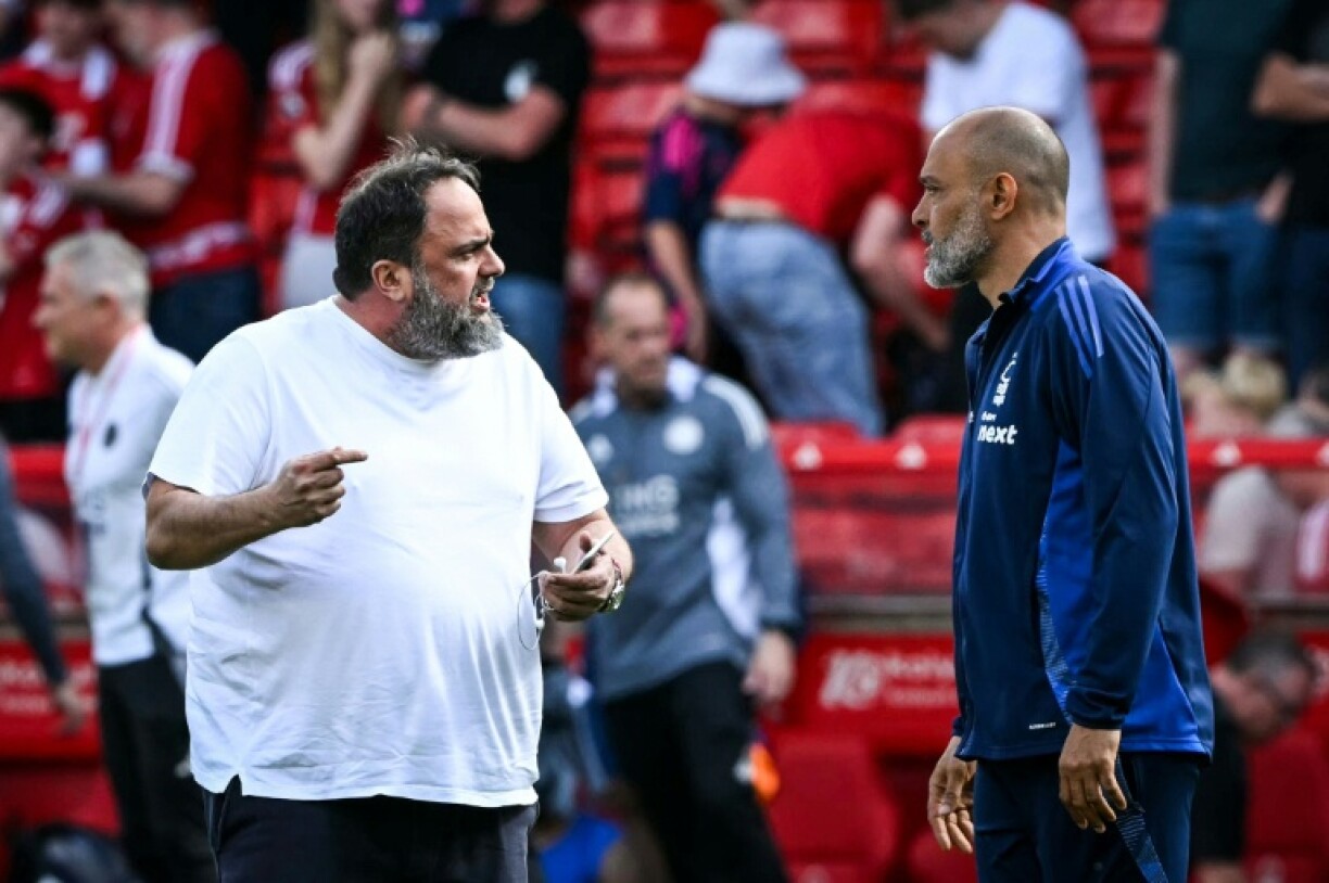 Nuno Espirito Santo (right) appears to be confronted by Nottingham Forest owner Evangelos Marinakis at the end of the match against Leicester City in May