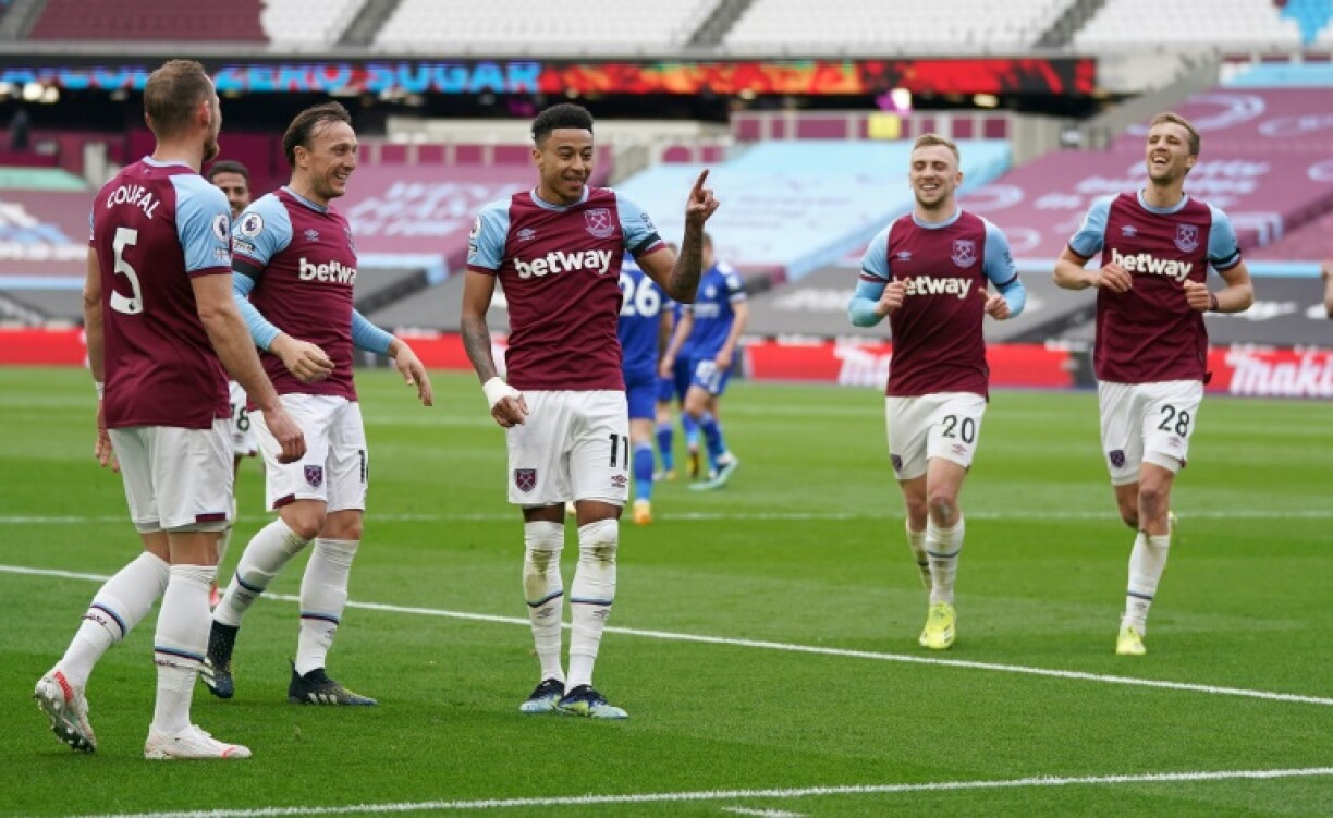 La joie du milieu de terrain de West Ham, Jesse Lingard, après avoir ouvert le score contre Leicester, lors de leur match de Premier League, le 11 avril 2011 au London Stadium