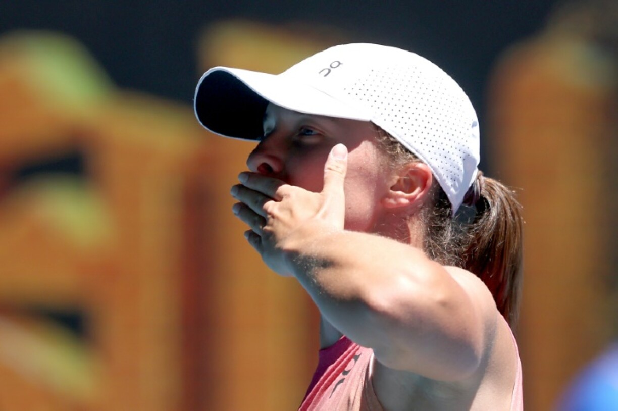 Poland's Iga Swiatek celebrates victory against Slovakia's Rebecca Sramkova