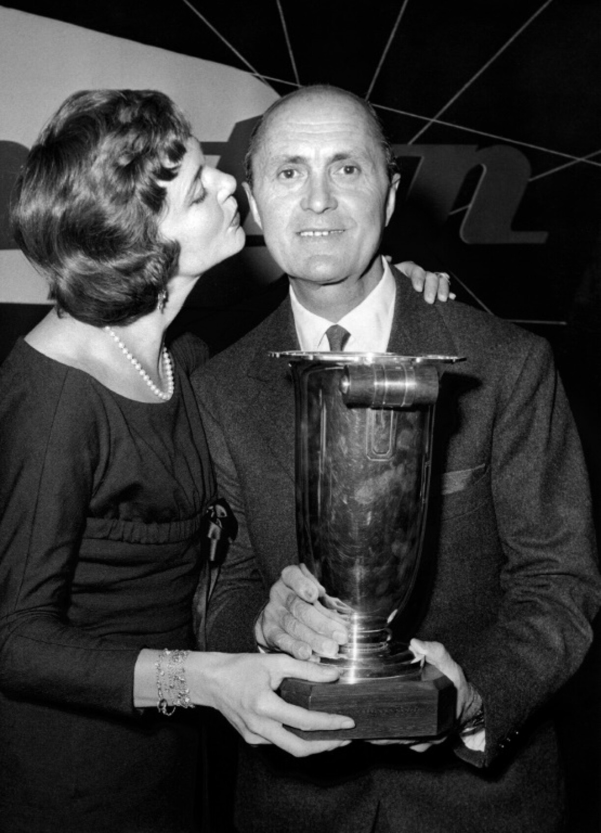 Louis Chiron with French actress Sophie Desmarets in Paris in 1956