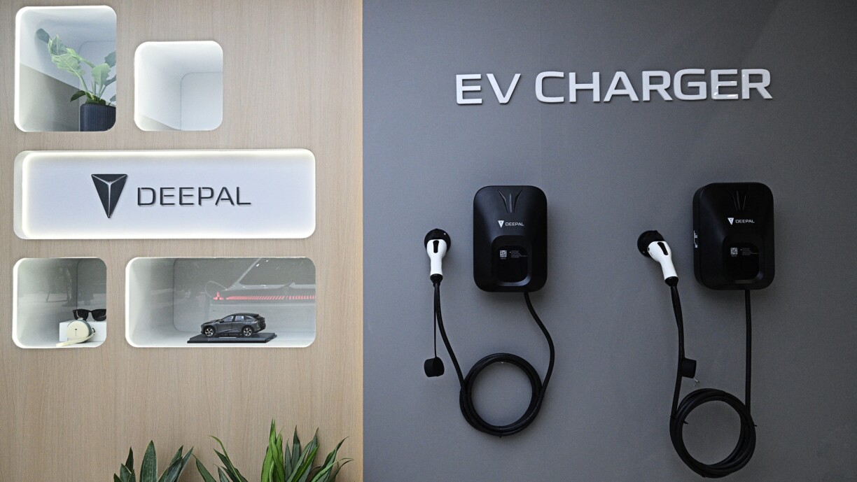 An EV charger by Chinese electric vehicle manufacturer Deepal is seen on display at the Bangkok International Motor Show in Nonthaburi.