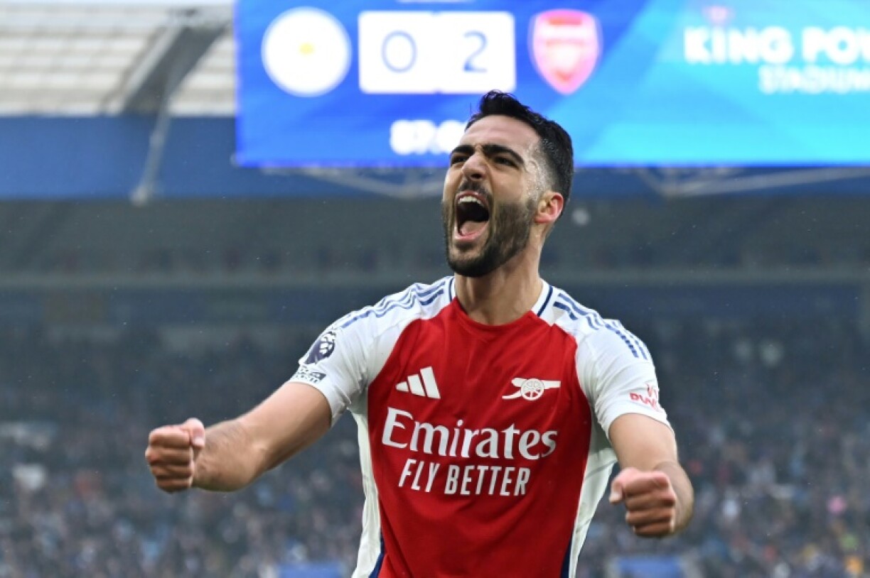 Arsenal's Mikel Merino celebrates after scoring against Leicester