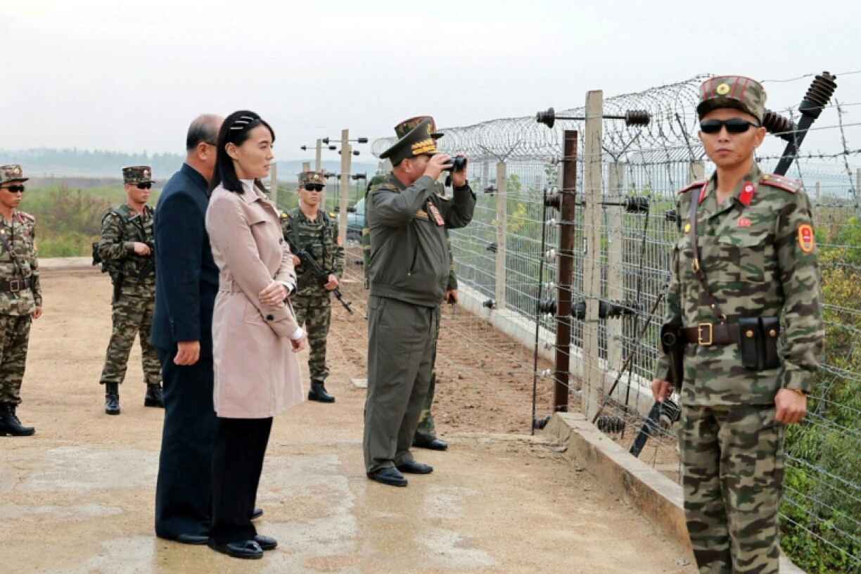Kim Yo Jong, sister of North Korean leader Kim Jong Un, inspects defences at an undisclosed location of the border
