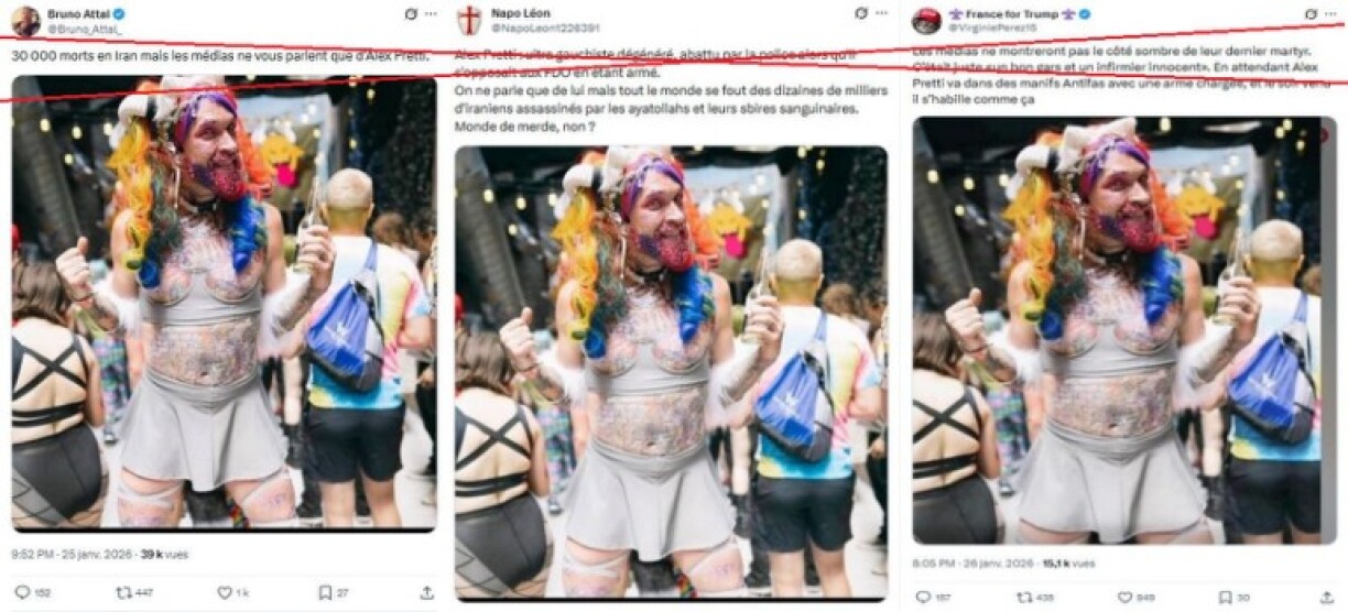 Captures d'écran réalisées sur X, le 27/01/2026. Croix rouge ajoutée par l'AFP.