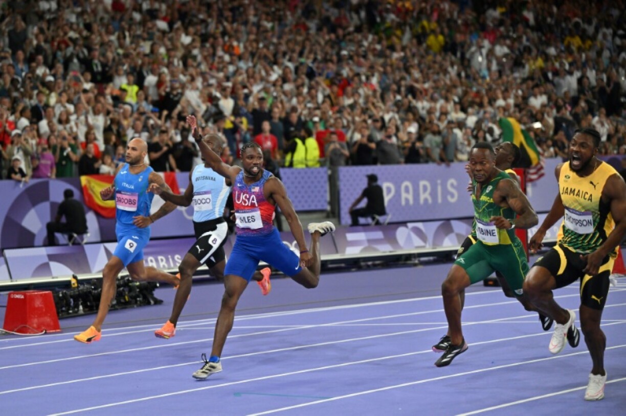 Kishane Thompson, far right, came within a few thousandths of a second from beating Noah Lyles (centre) in the Olympic 100m final in Paris