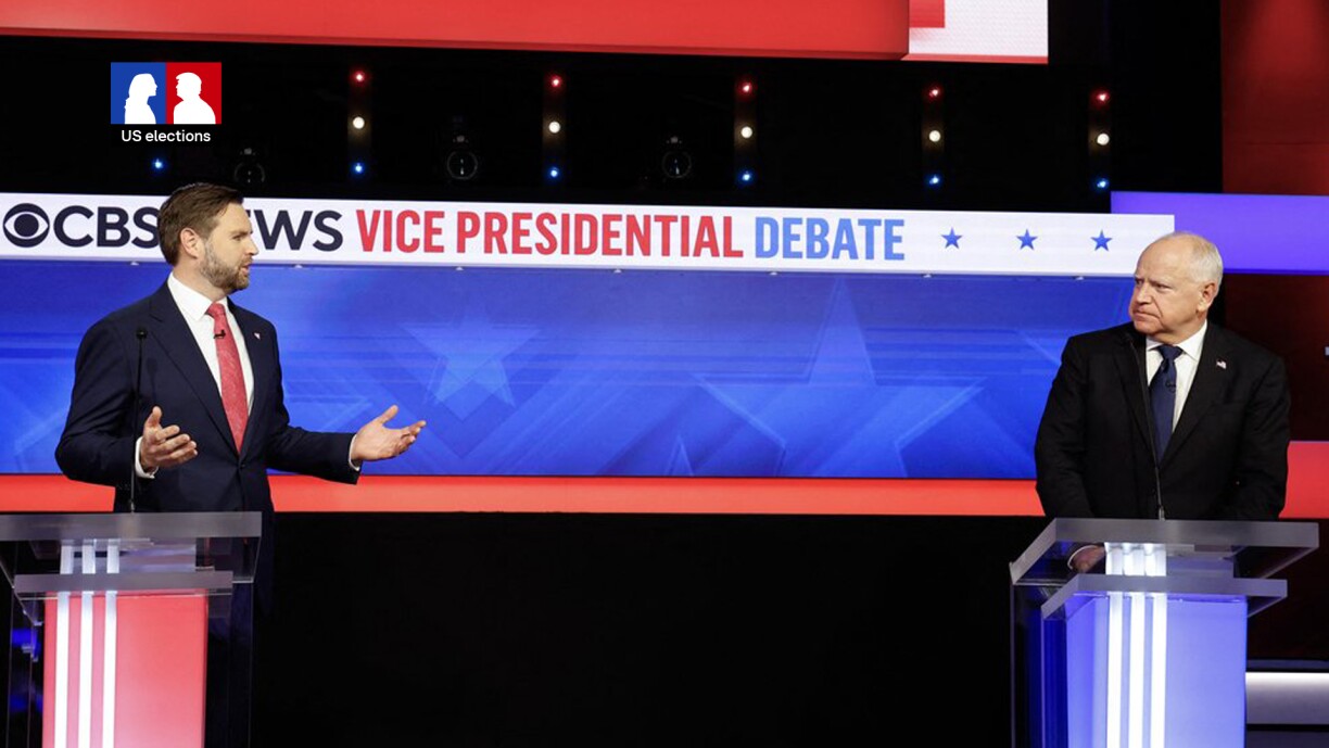 Vice presidential candidates JD Vance (left) and Tim Walz participate in a debate at the CBS Broadcast Center in New York City on 1 October 2024.