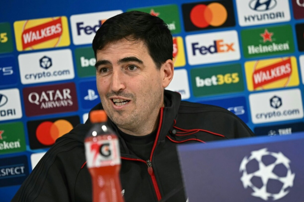 Liverpool manager Andoni Iraola attends a press conference at Anfield the eve of a Champions League match against Villarreal