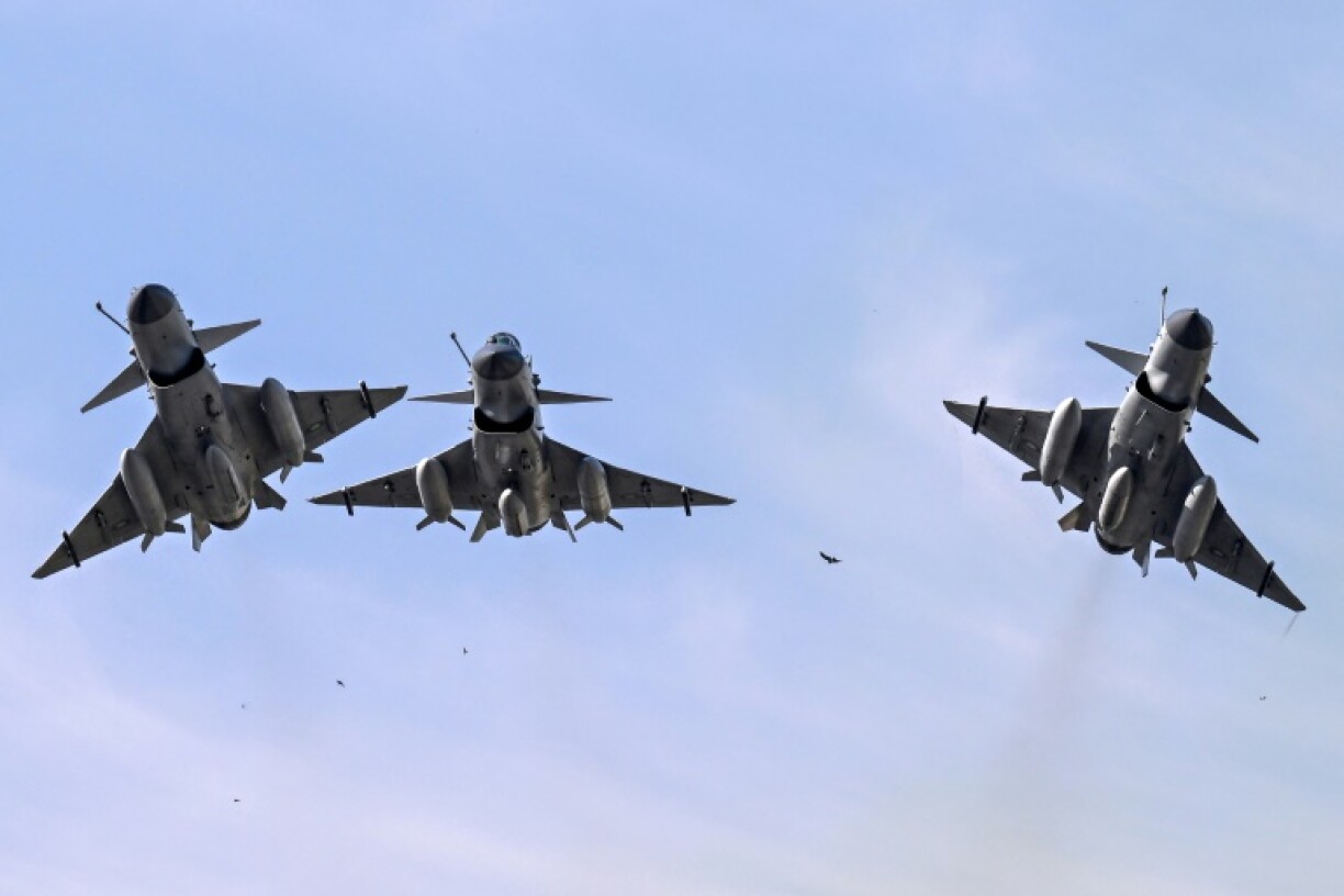 Pakistan Air Force J10-C fighter jets fly over Islamabad during a national day parade on March 23, 2025. The plane had its first taste of real combat against India