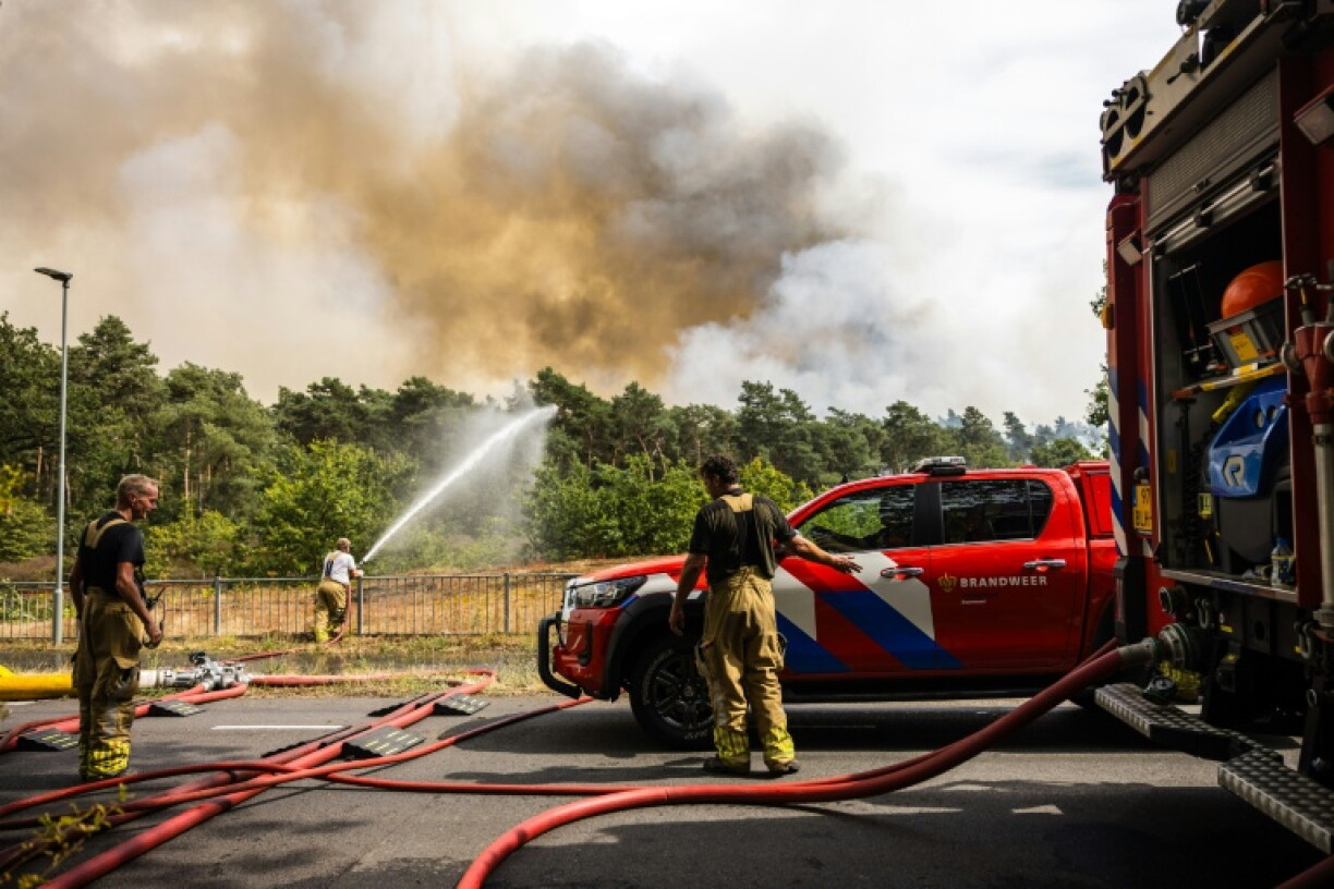 Des pompiers interviennent pour éteindre un feu de forêt près d'Oostrum, dans le sud-est des Pays-Bas, le 3 août 2026