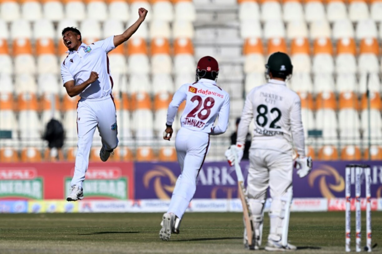 Gudakesh Motie celebrates taking the wicket of Kamran Ghulam in Multan