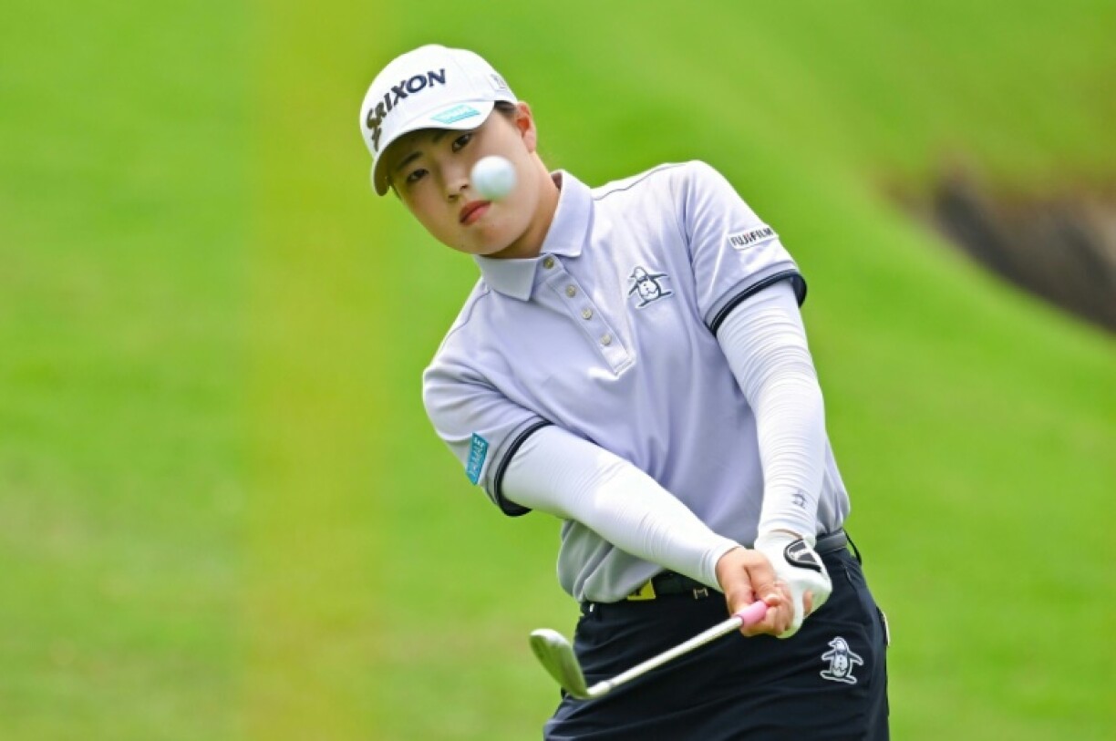 Japan’s Rio Takeda chips during the final round of the LPGA Blue Bay golf tournament at the Jian Lake Blue Bay Golf Club on March 9, 2025.