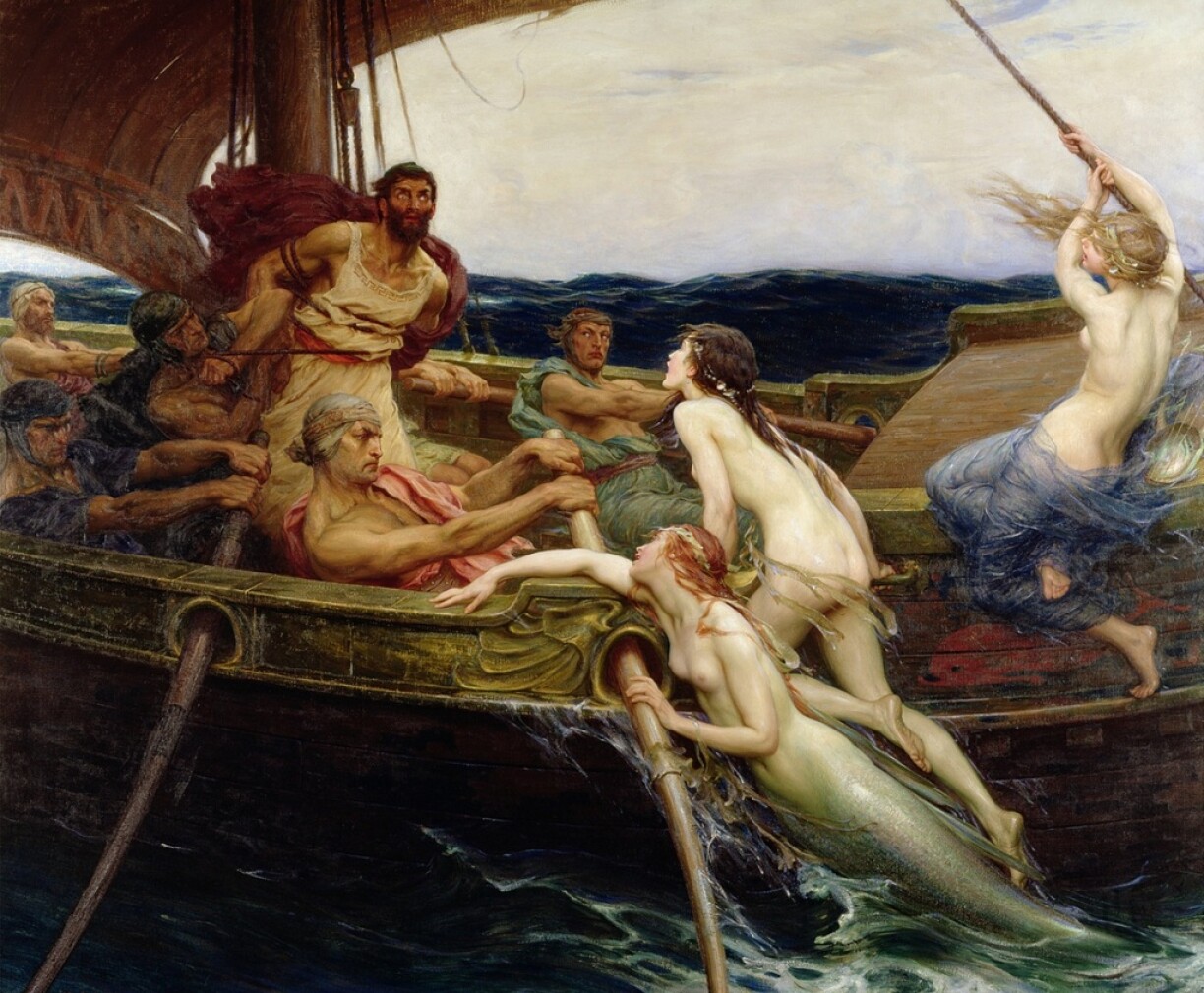 Odysseus resisting the song of the sirens by having his crew tie him to the mast of the ship and fill his ears with beeswax.