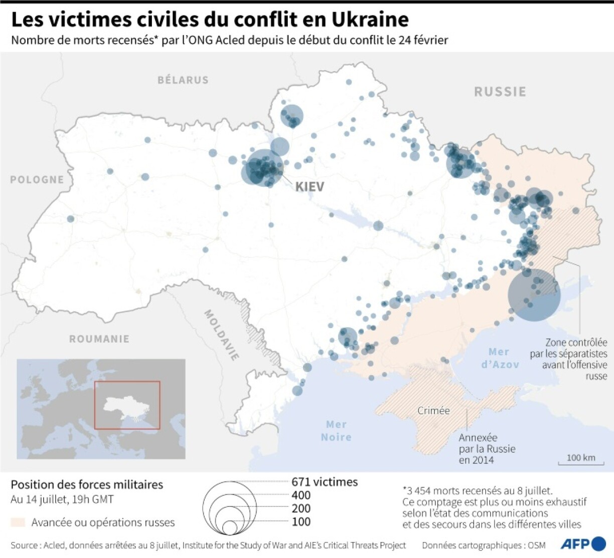 Les victimes civiles recensées par l'ONG Acled entre le début du conflit le 24 février et le 8 juillet