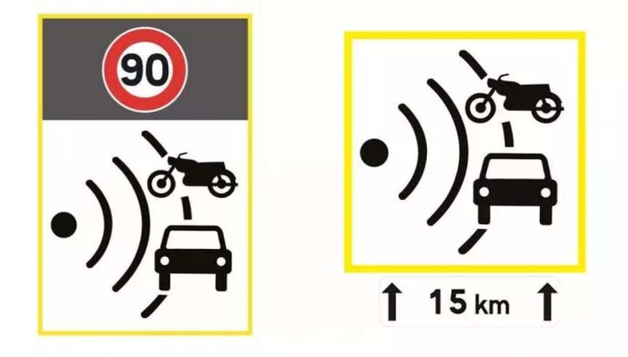 Deux exemples des panneaux de nouvelle génération qui annoncent des radars, parfois plusieurs kilomètres en avance.