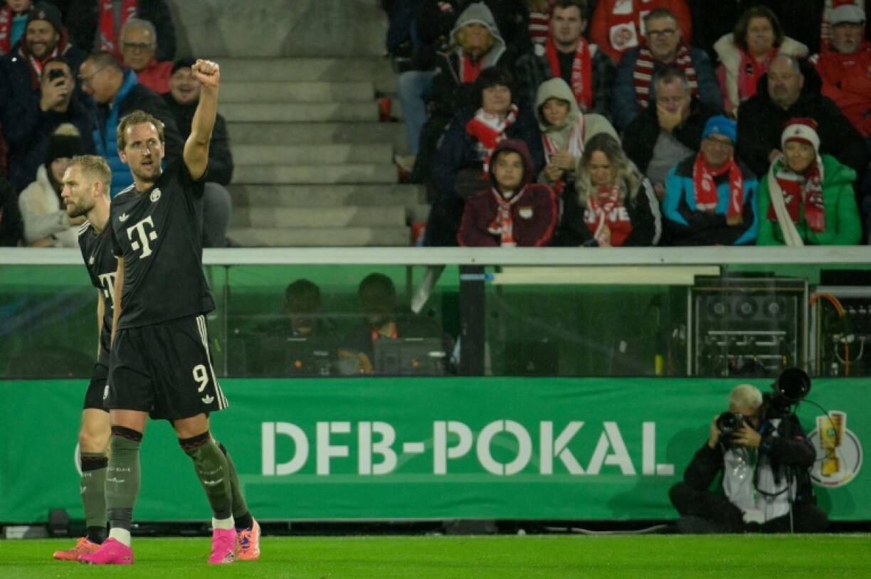 Bayern Munich striker Harry Kane celebrates after scoring against Cologne in the German Cup on Wednesday.