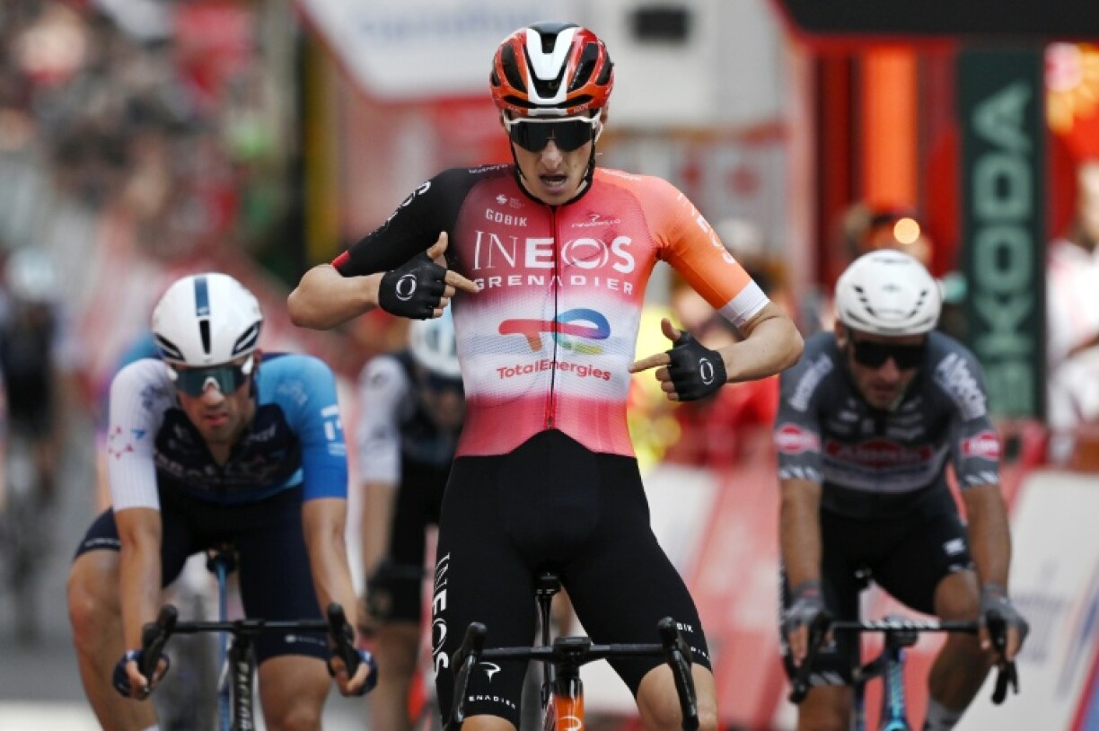 British rider Ben Turner celebrates winning the fourth stage of the Vuelta a Espana