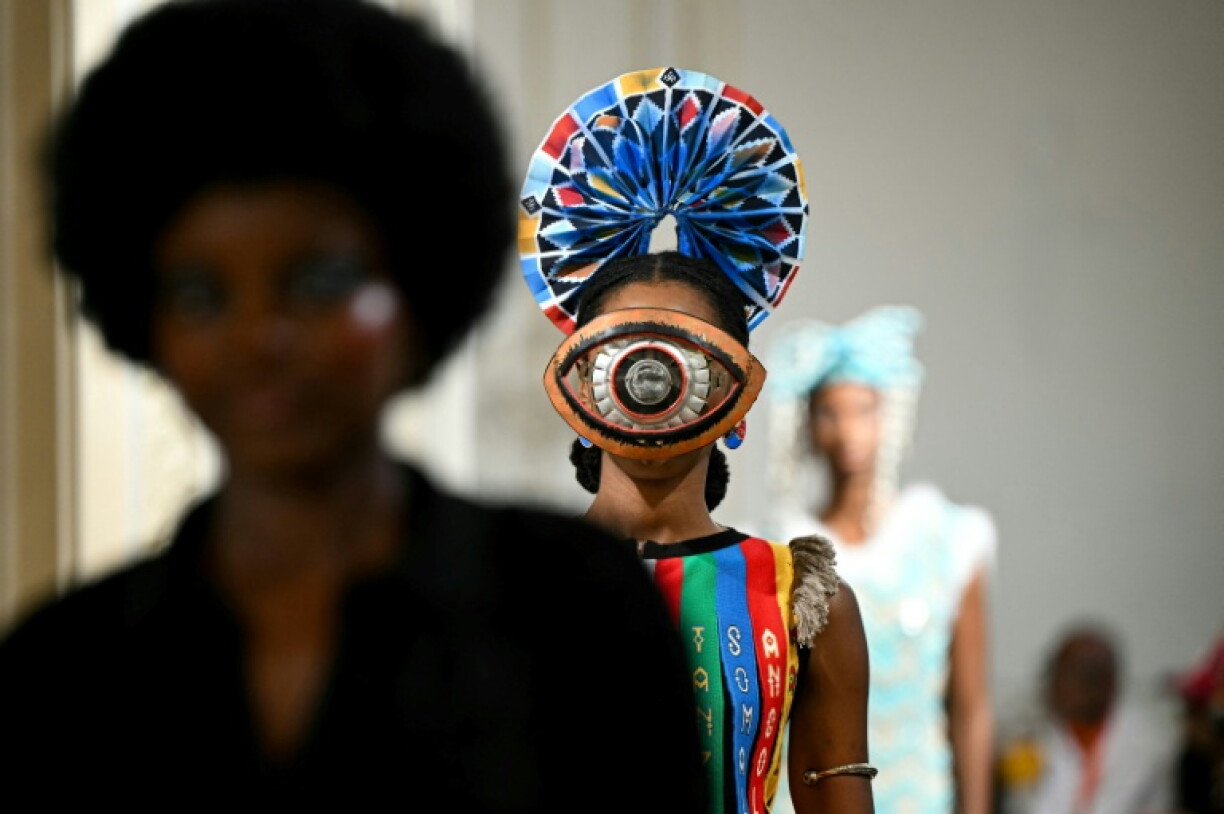 A model presents a creation by MaXhosa Africa for the Women's Spring/Summer 2027 collection fashion show as part of the Paris Fashion Week, in Paris on September 28, 2026.
