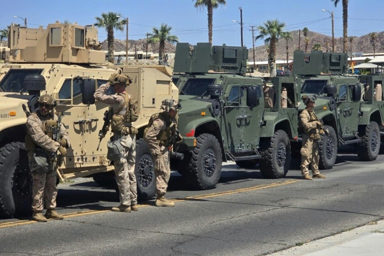 A handout photo released by US Northern Command on X shows Marines with the 2nd Battalion, 7th Marines, preparing to depart from an undisloced location for the greater Los Angeles area on June 9, 2025