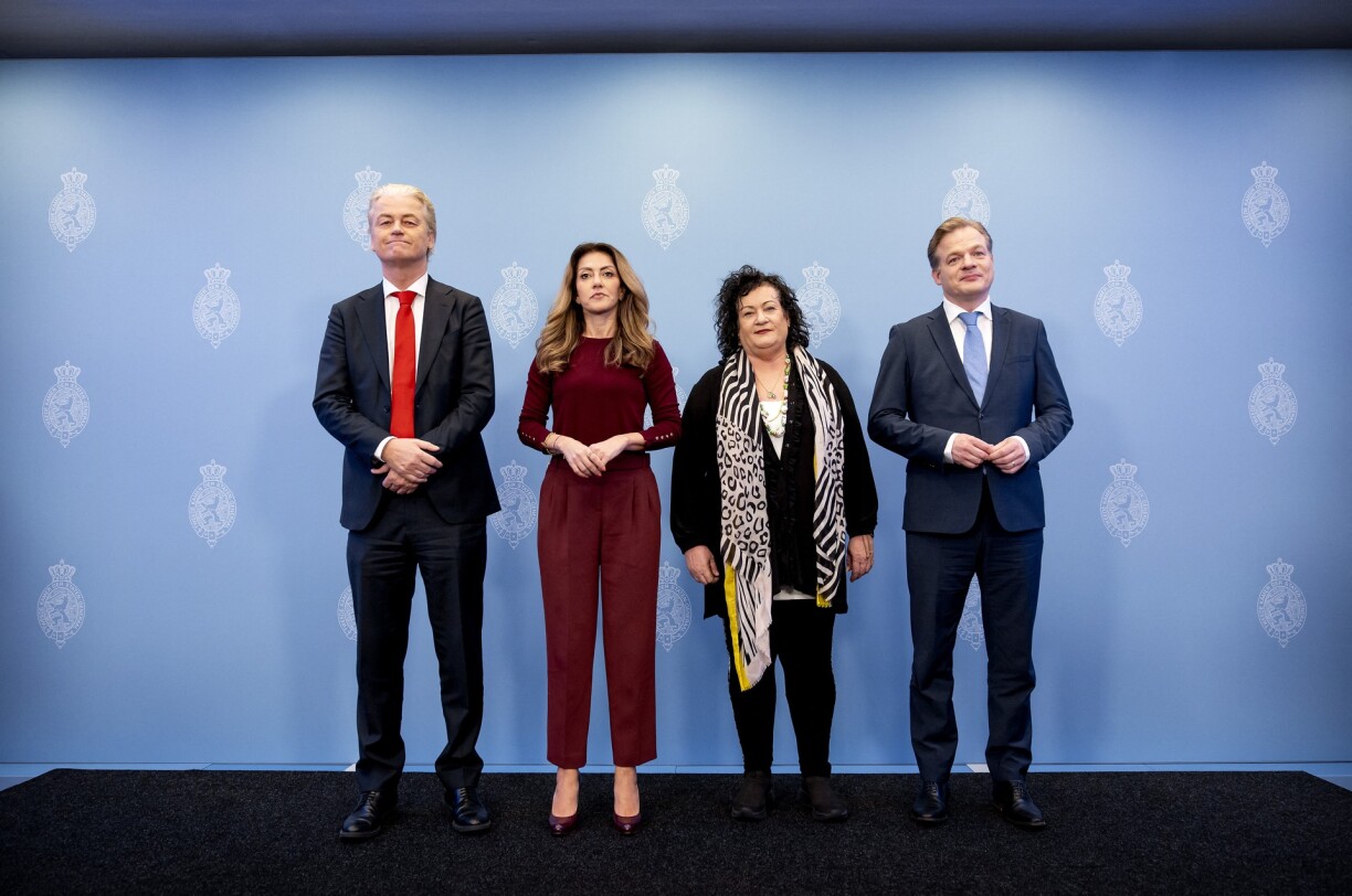 Geert Wilders (PVV), Dilan Yesilgoz (VVD), Caroline van der Plas (BBB) and Pieter Omtzigt (NSC) during the presentation of the main lines agreement.